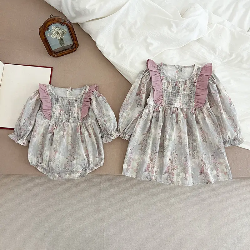 2025 Spring Sister Clothes Kids Princess Dresses Baby Girls Romper New Ruffled Flower Cotton Printing Baby Girl Clothing Dress