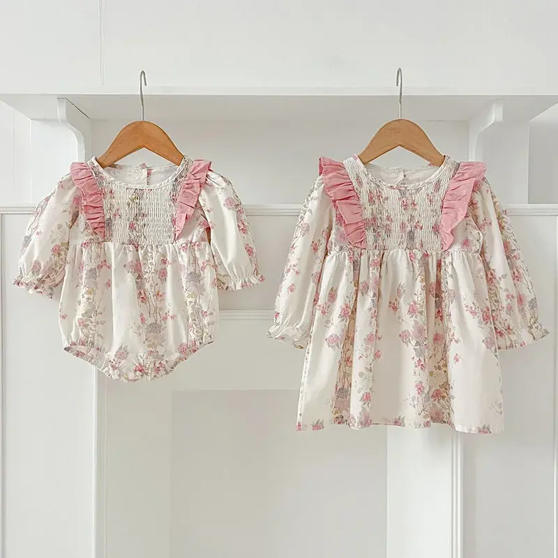 2025 Spring Sister Clothes Kids Princess Dresses Baby Girls Romper New Ruffled Flower Cotton Printing Baby Girl Clothing Dress