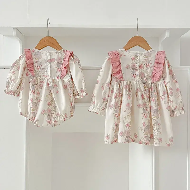 2025 Spring Sister Clothes Kids Princess Dresses Baby Girls Romper New Ruffled Flower Cotton Printing Baby Girl Clothing Dress
