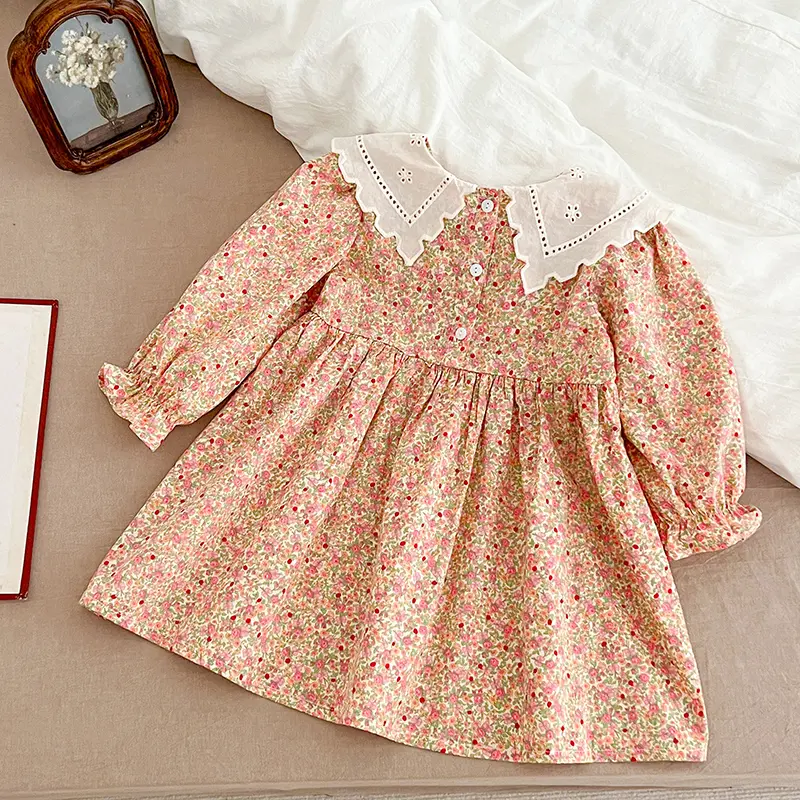 Autumn Sweet Kid Baby Dress Girls Long Sleeve Flower Printing Princess Dress Baby Girls Doll Collar Dress Children Clothes Dress