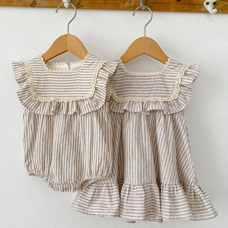 2024 Summer Sister Clothes Infant Newborn Baby Girl Clothes Female Baby Lace Stripes Short Sleeved Sister Dress Romper Clothes
