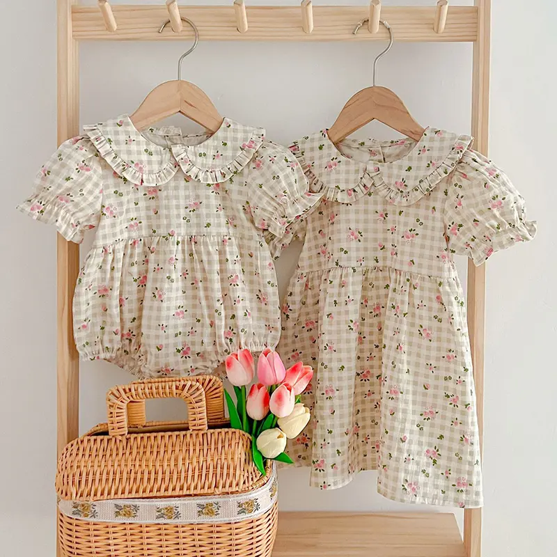 Summer Kids Baby Girls Short Sleeve Sweet Sisters Grid Print Dress Infant Rompers Kids Baby Girls Princess Clothes Rompers