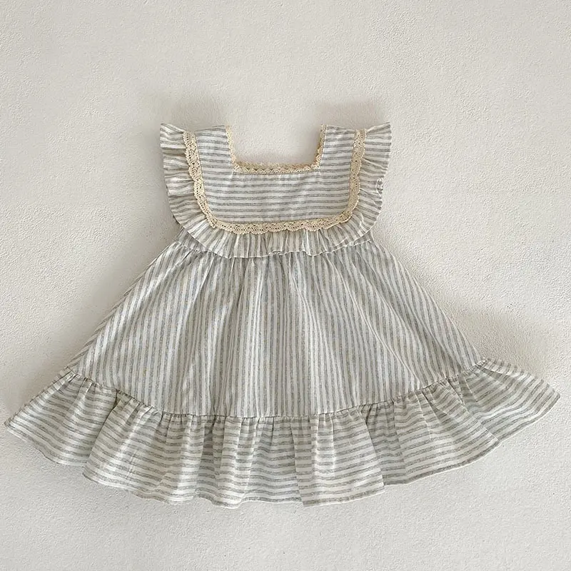 2024 Summer Sister Clothes Infant Newborn Baby Girl Clothes Female Baby Lace Stripes Short Sleeved Sister Dress Romper Clothes