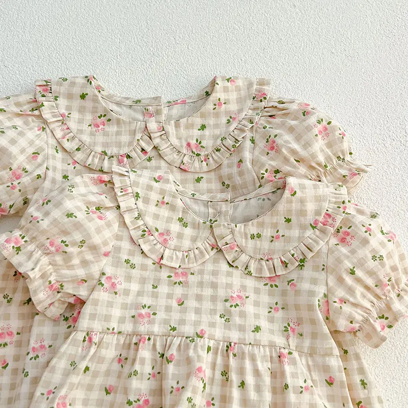 Summer Kids Baby Girls Short Sleeve Sweet Sisters Grid Print Dress Infant Rompers Kids Baby Girls Princess Clothes Rompers