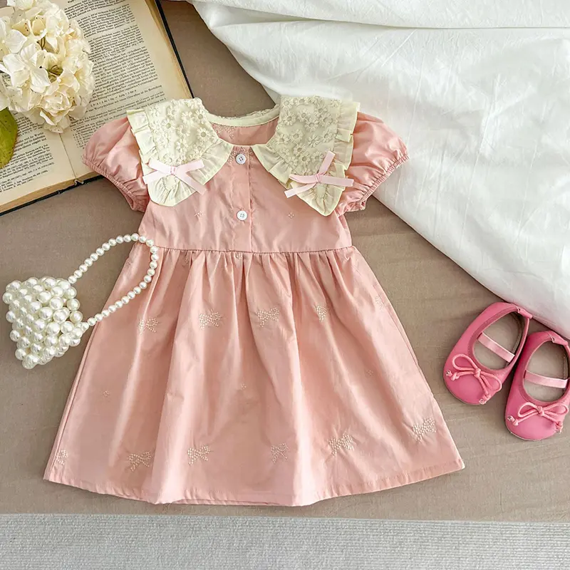 Summer Girls Casual Dress Korean Fashion Dress Girls Party Embroidered Bow Costumes Kids Pink Lace Puff Sleeve Princess Dresses