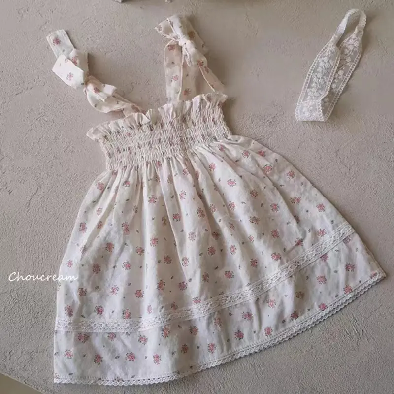 Summer Kids Dresses 2-6Yrs Children's Dress Baby Girls Ins Pastoral Style Floral Lapel Sleeveless Dress Girls Tutu Party Clothes