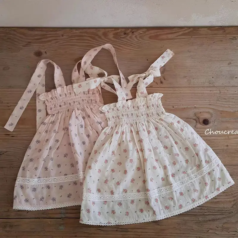 Summer Kids Dresses 2-6Yrs Children's Dress Baby Girls Ins Pastoral Style Floral Lapel Sleeveless Dress Girls Tutu Party Clothes