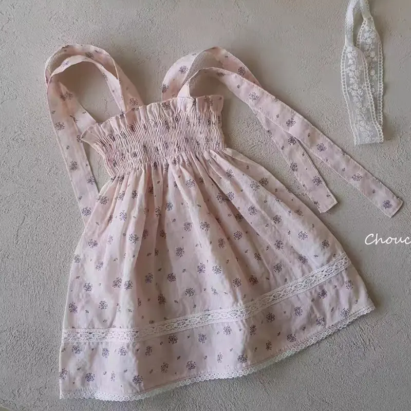 Summer Kids Dresses 2-6Yrs Children's Dress Baby Girls Ins Pastoral Style Floral Lapel Sleeveless Dress Girls Tutu Party Clothes