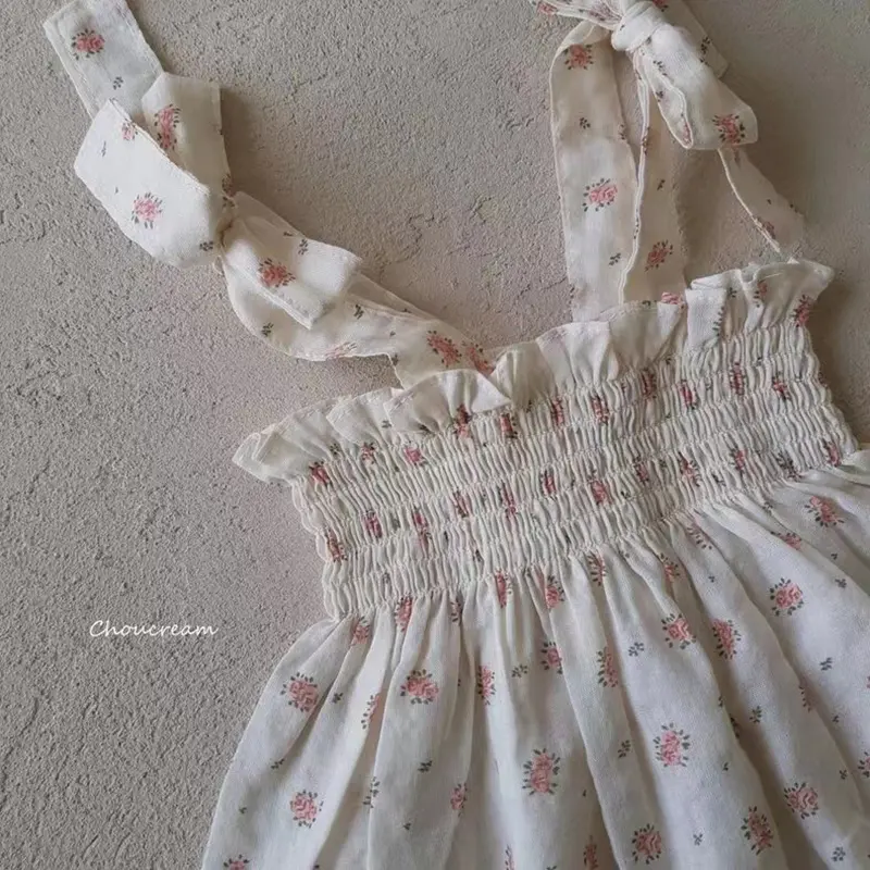 Summer Kids Dresses 2-6Yrs Children's Dress Baby Girls Ins Pastoral Style Floral Lapel Sleeveless Dress Girls Tutu Party Clothes