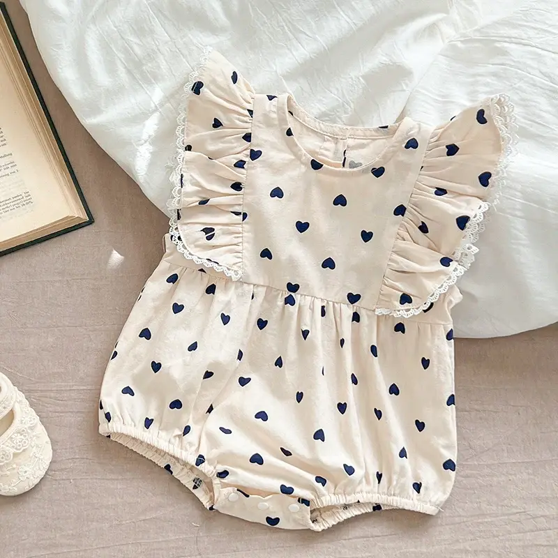 Summer Love Print Jumpsuit 0-24M Children Clothes Climbing Suit Lace Ruffled Fly Sleeves Cotton Print Toddler Baby Girl Jumpsuit