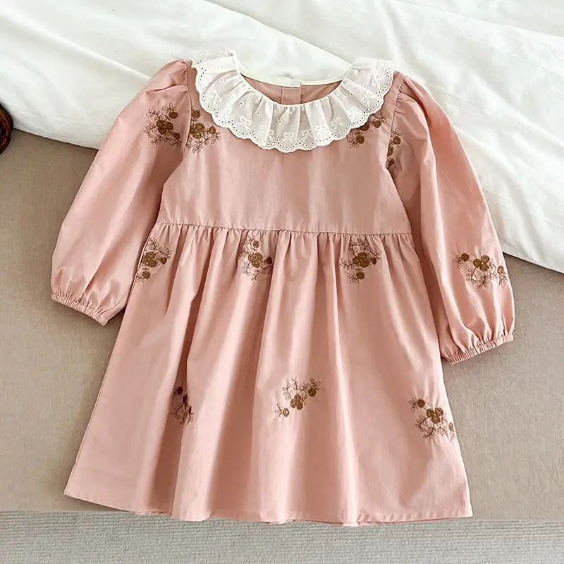 2025 Kids Dress Spring New Girls Dress Pink Little Girl Lace Collar Dress Cotton Baby Embroider Princess Girls Dress Princess