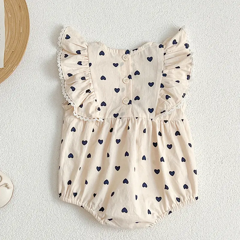 Summer Love Print Jumpsuit 0-24M Children Clothes Climbing Suit Lace Ruffled Fly Sleeves Cotton Print Toddler Baby Girl Jumpsuit