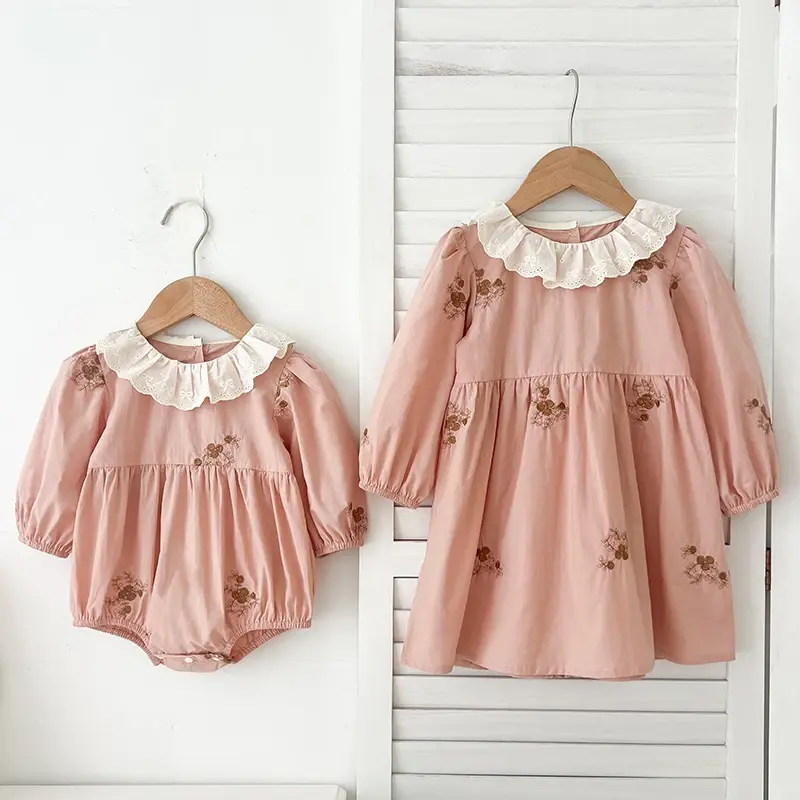 2025 Kids Dress Spring New Girls Dress Pink Little Girl Lace Collar Dress Cotton Baby Embroider Princess Girls Dress Princess