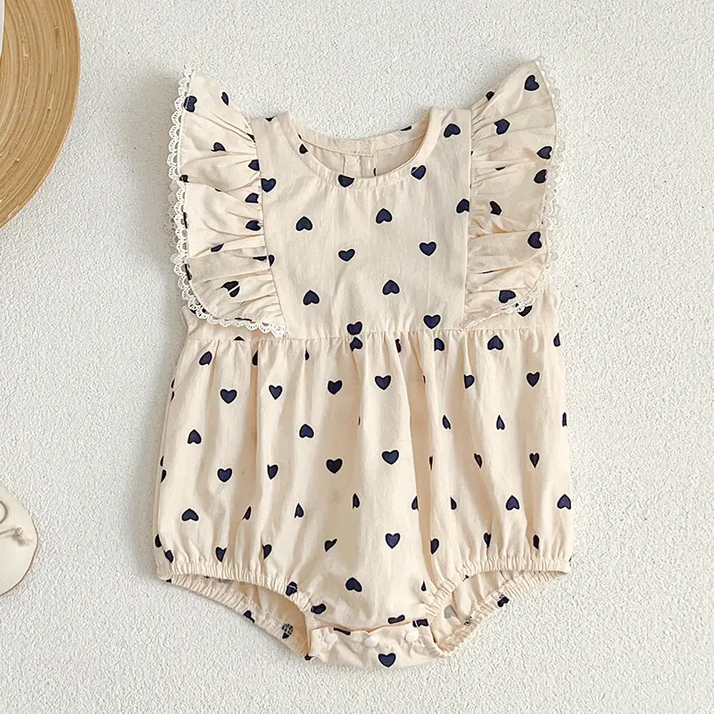 Summer Love Print Jumpsuit 0-24M Children Clothes Climbing Suit Lace Ruffled Fly Sleeves Cotton Print Toddler Baby Girl Jumpsuit