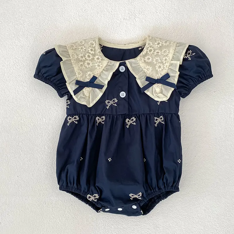 Baby Girl Clothes Summer New Embroidered Bow Lapel Baby Girl's One Piece Clothes Short Sleeve Climbing Clothes Newborn Clothes