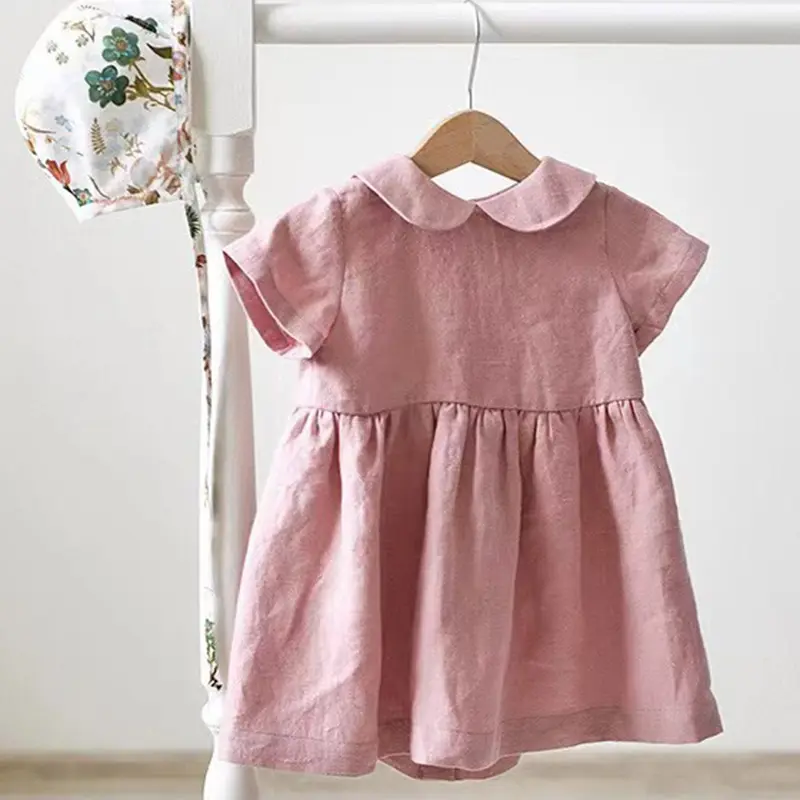 Summer Baby Girls' Dress Children Linen Doll Collar Baby Princess Dress New Girls' Clothing Short-Sleeve Dress Baby Clothing