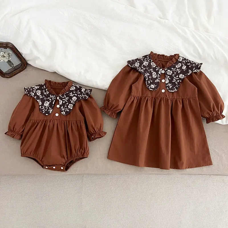0-6Yrs Family Matching Sister Outfit Sister Clothes New Autumn Retro Lapel Baby Girl's One Piece Clothes Sister Princess Dress ﻿