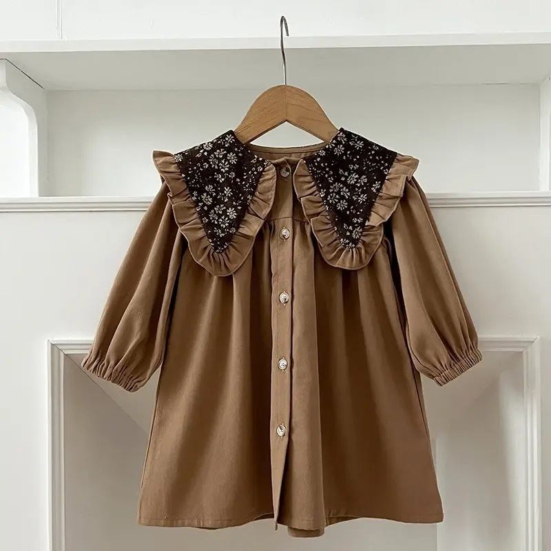 Autumn Fashion Floral Big Collar Dress Baby Kid Girls Dress Long Sleeves Spring Casual Dress Princess Children Party Daily Dress