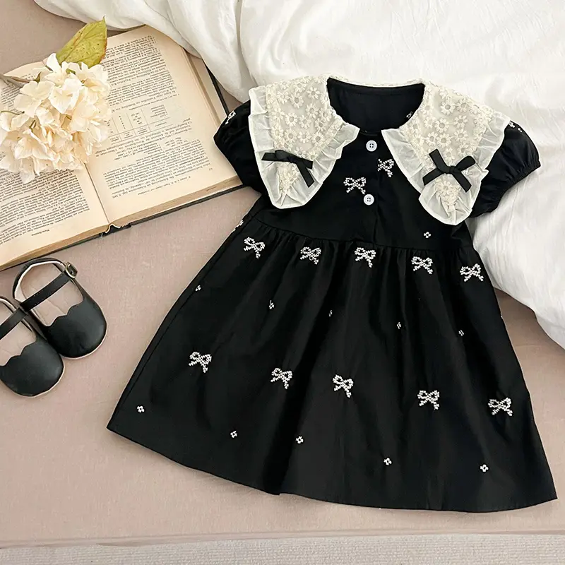 Fashion Girls Embroidered Bow knot Dress Summer New Little Girls Toddler Princess Dresses Lace Kids Short Sleeve Party Clothes