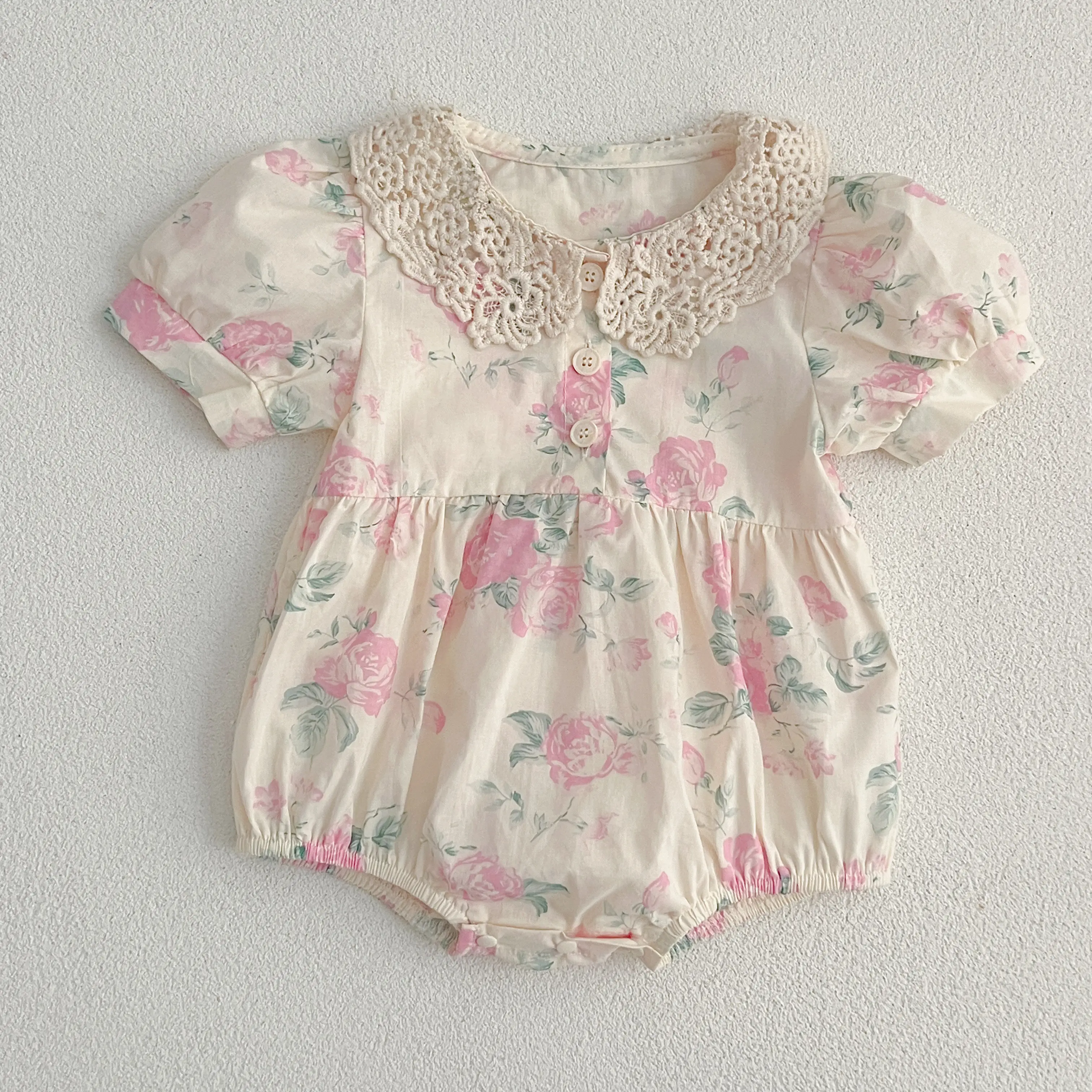2025 Princess Toddler Baby Girls Rompers Lace Collar Bodysuit Girls Jumpsuits Girls Pink Grid Rompers Toddler Summer Clothing