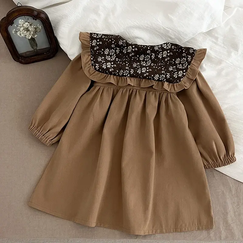 Autumn Fashion Floral Big Collar Dress Baby Kid Girls Dress Long Sleeves Spring Casual Dress Princess Children Party Daily Dress