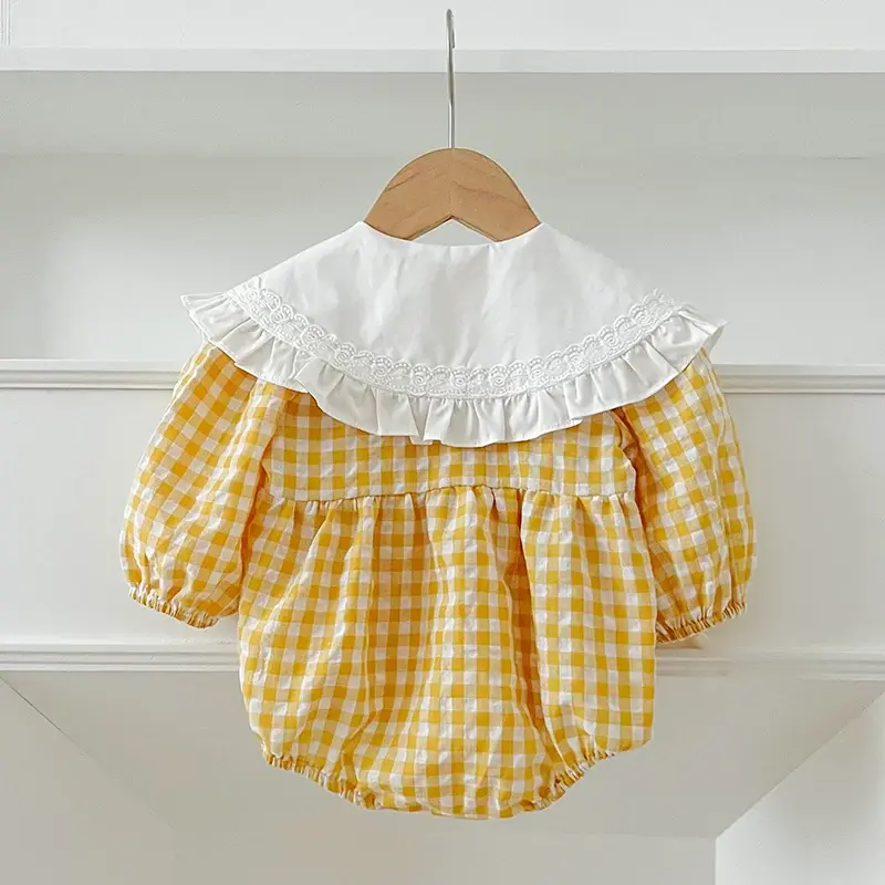 Autumn Newborn Baby Girls Romper 0-3Yrs Infant Retro Romper Yellow Grid Lapel Floral Rompers Kids Onepiece Fashion Baby Clothing