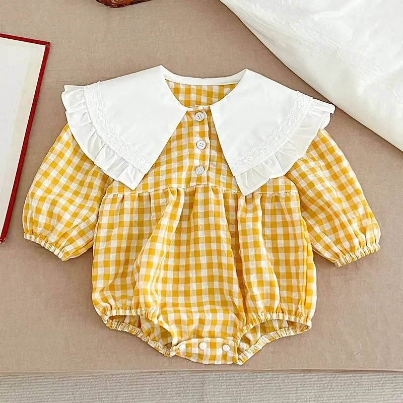 Autumn Newborn Baby Girls Romper 0-3Yrs Infant Retro Romper Yellow Grid Lapel Floral Rompers Kids Onepiece Fashion Baby Clothing