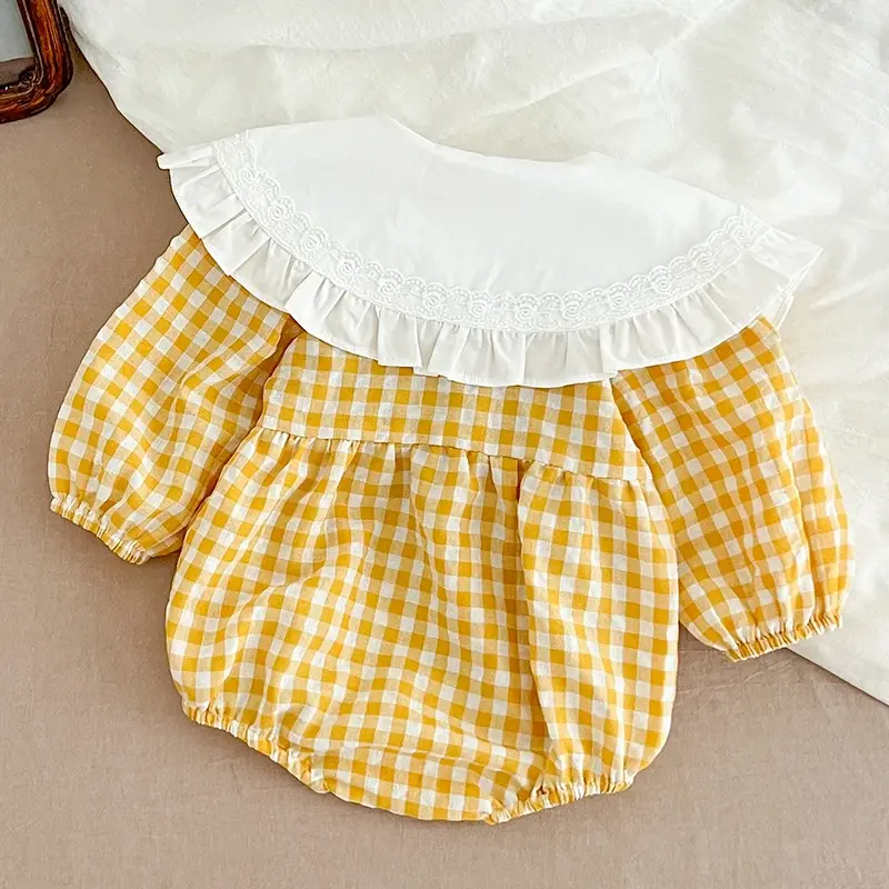 Autumn Newborn Baby Girls Romper 0-3Yrs Infant Retro Romper Yellow Grid Lapel Floral Rompers Kids Onepiece Fashion Baby Clothing