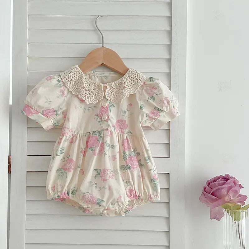 2025 Princess Toddler Baby Girls Rompers Lace Collar Bodysuit Girls Jumpsuits Girls Pink Grid Rompers Toddler Summer Clothing