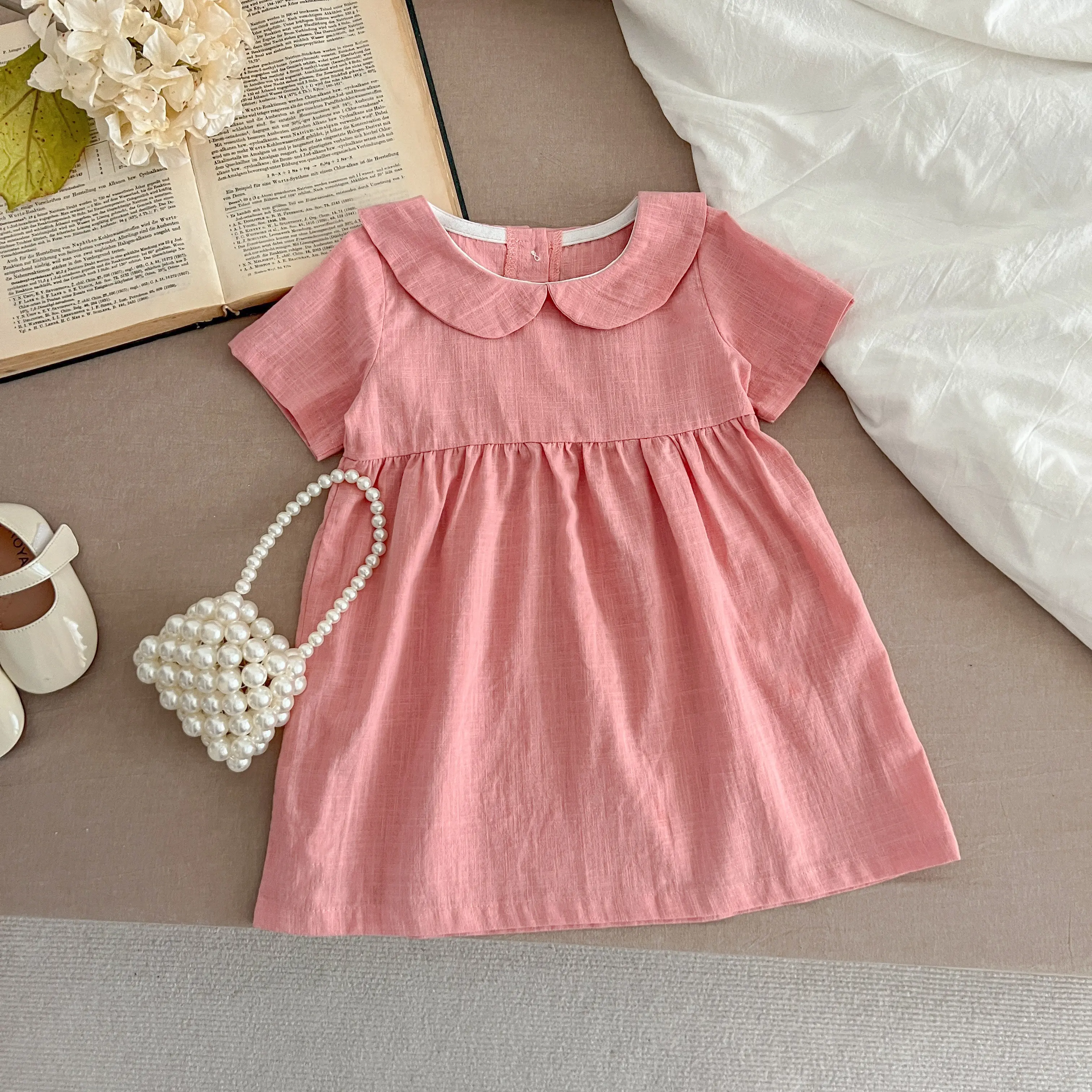 Summer Baby Girls' Dress Children Linen Doll Collar Baby Princess Dress New Girls' Clothing Short-Sleeve Dress Baby Clothing