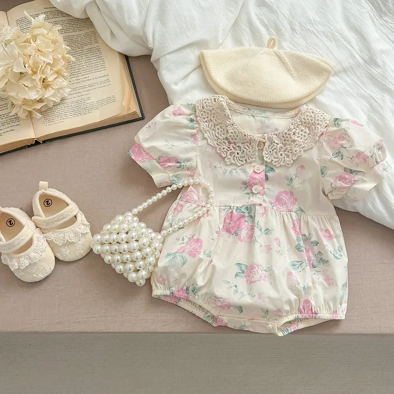 2025 Princess Toddler Baby Girls Rompers Lace Collar Bodysuit Girls Jumpsuits Girls Pink Grid Rompers Toddler Summer Clothing