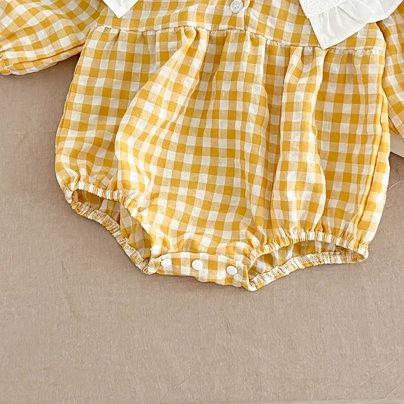 Autumn Newborn Baby Girls Romper 0-3Yrs Infant Retro Romper Yellow Grid Lapel Floral Rompers Kids Onepiece Fashion Baby Clothing