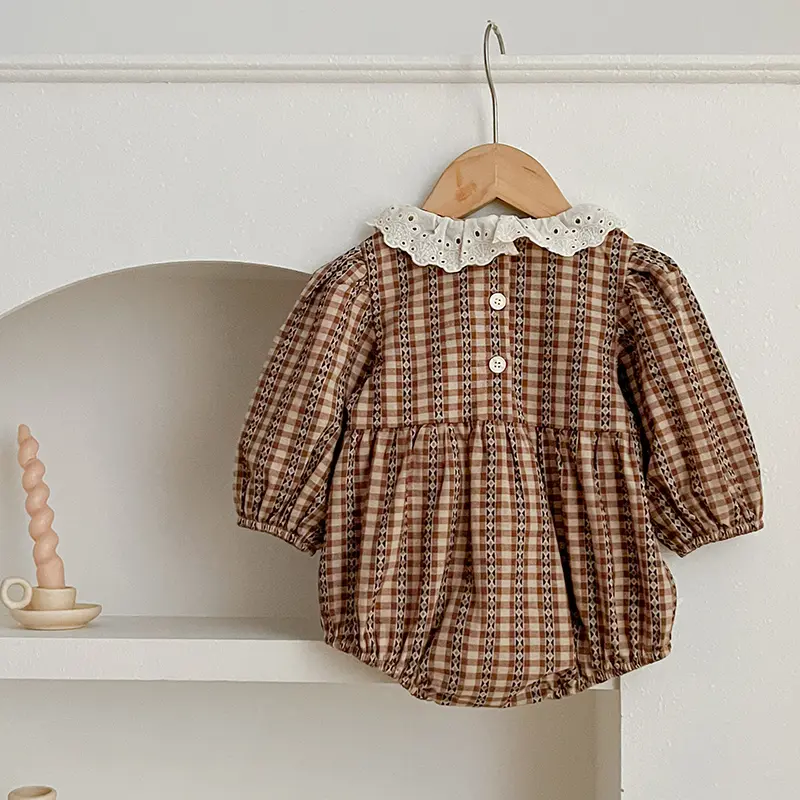 Autumn Newborn Clothes Brown Grid Romper Lace Collar Spring Baby Girl's One Piece Clothes Ribbon Ruffled Collar Climbing Clothes