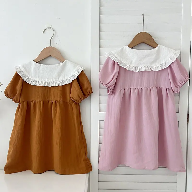 Kids Princess Dresses 1-6Yrs Baby Girl Clothing Short Sleeve Cotton Splicing Big Collar Bow Kids Clothing Baby Girl Party Dress