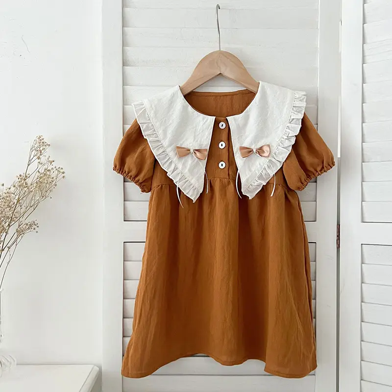 Kids Princess Dresses 1-6Yrs Baby Girl Clothing Short Sleeve Cotton Splicing Big Collar Bow Kids Clothing Baby Girl Party Dress
