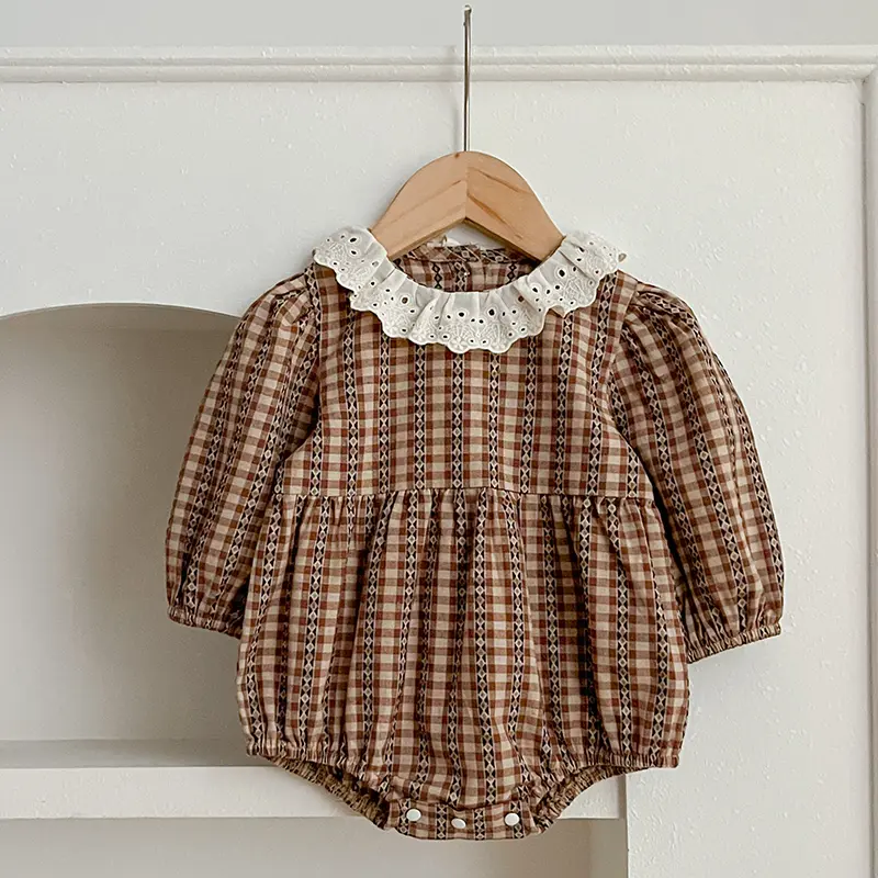 Autumn Newborn Clothes Brown Grid Romper Lace Collar Spring Baby Girl's One Piece Clothes Ribbon Ruffled Collar Climbing Clothes