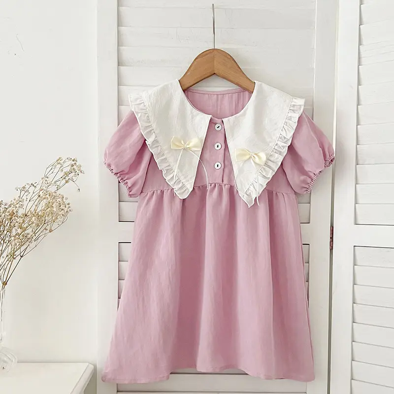 Kids Princess Dresses 1-6Yrs Baby Girl Clothing Short Sleeve Cotton Splicing Big Collar Bow Kids Clothing Baby Girl Party Dress