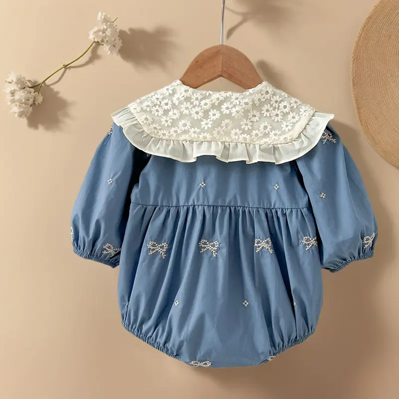 Spring Newborn Clothes Kids Baby Girls Long Sleeve Sweet Embroider Lace Collar Bow Princess Rompers Infant Baby Girls Rompers