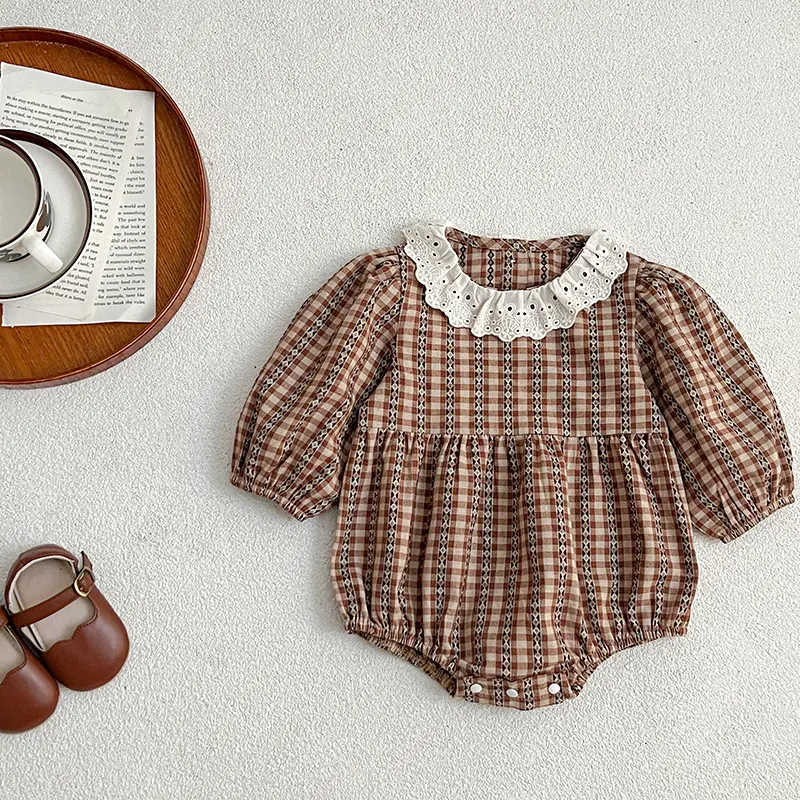 Autumn Newborn Clothes Brown Grid Romper Lace Collar Spring Baby Girl's One Piece Clothes Ribbon Ruffled Collar Climbing Clothes