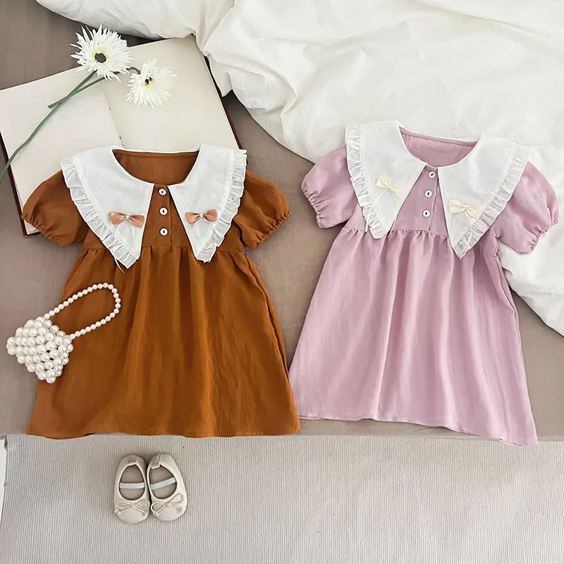 Kids Princess Dresses 1-6Yrs Baby Girl Clothing Short Sleeve Cotton Splicing Big Collar Bow Kids Clothing Baby Girl Party Dress