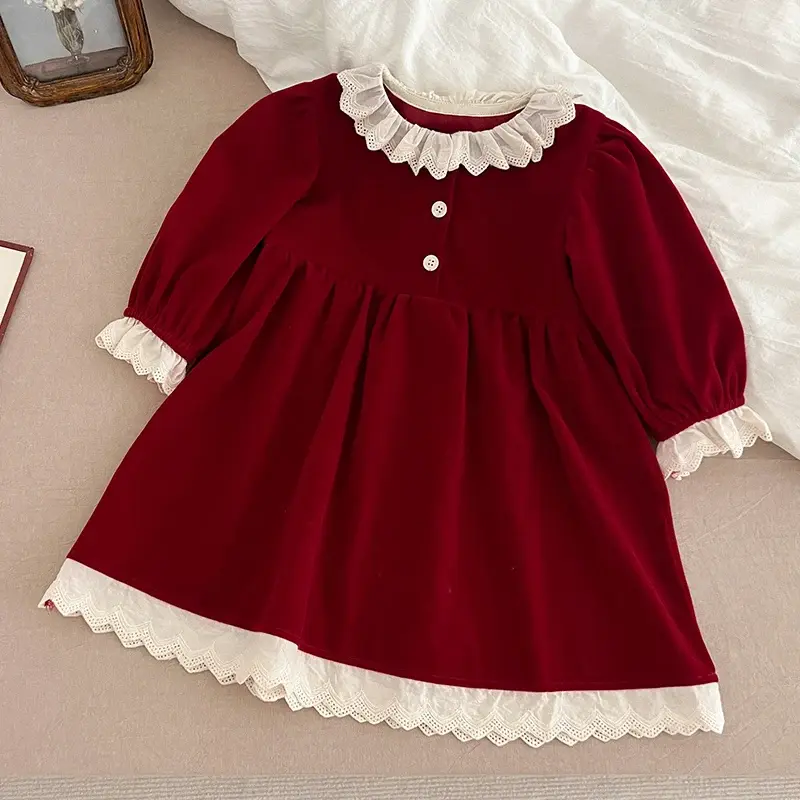 Fashion Christmas Party Dress Baby Girl Lace Princess Ruffle Satin Finish Dress Christmas Holiday Autumn Winter Wear Kids Girl