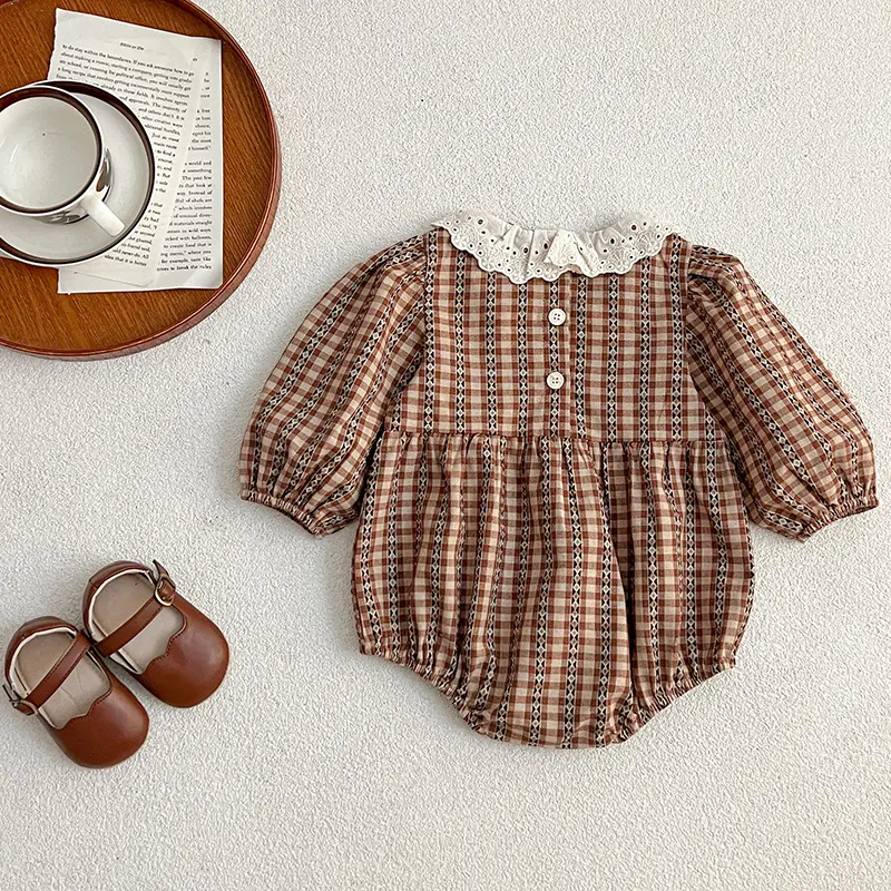 Autumn Newborn Clothes Brown Grid Romper Lace Collar Spring Baby Girl's One Piece Clothes Ribbon Ruffled Collar Climbing Clothes