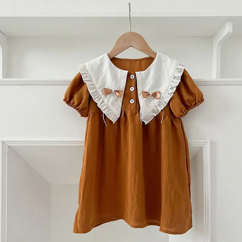 Kids Princess Dresses 1-6Yrs Baby Girl Clothing Short Sleeve Cotton Splicing Big Collar Bow Kids Clothing Baby Girl Party Dress