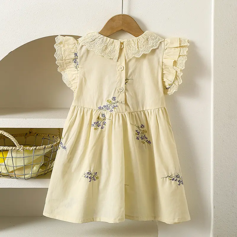 New Kids Dresses Girls Summer Khaki Embroidered Ruffle Edge Dress Sleeveless Lace Round Neck Dress Kids Clothes Princess Dresses
