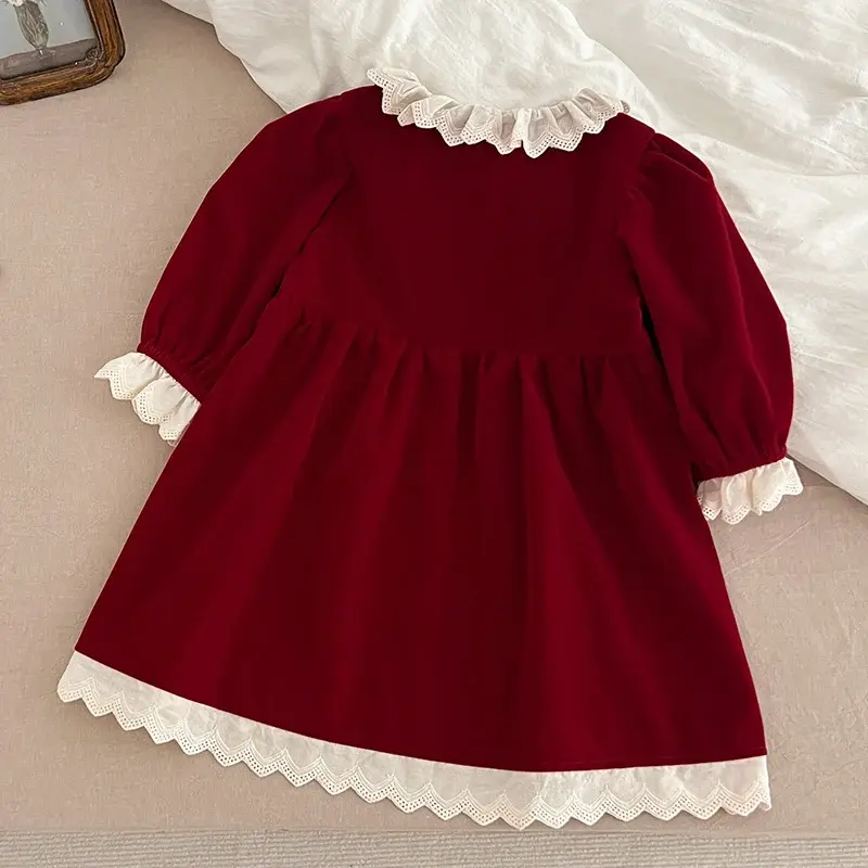 Fashion Christmas Party Dress Baby Girl Lace Princess Ruffle Satin Finish Dress Christmas Holiday Autumn Winter Wear Kids Girl