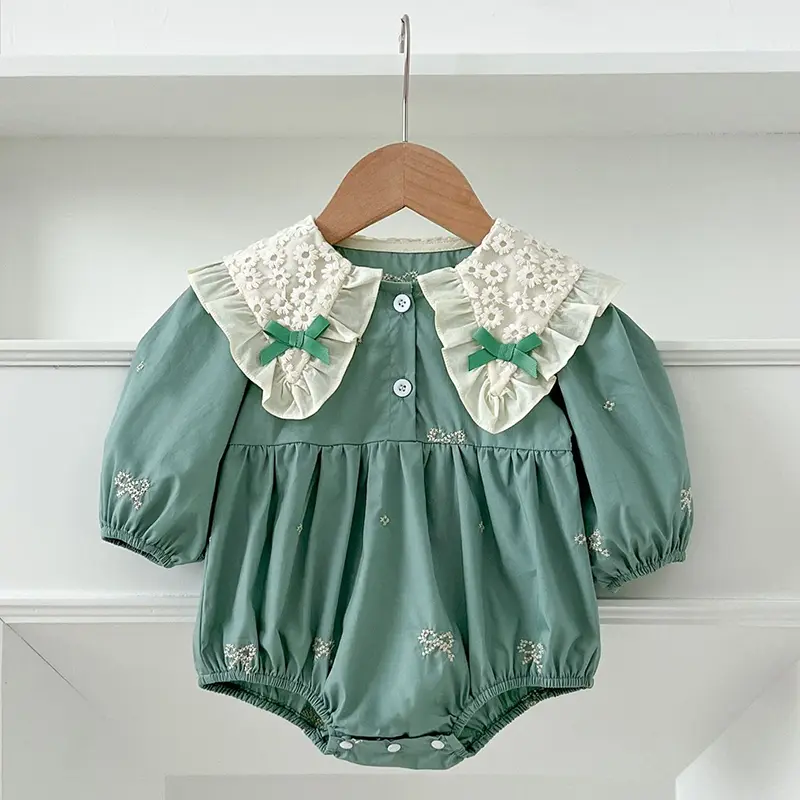 Spring Newborn Clothes Kids Baby Girls Long Sleeve Sweet Embroider Lace Collar Bow Princess Rompers Infant Baby Girls Rompers