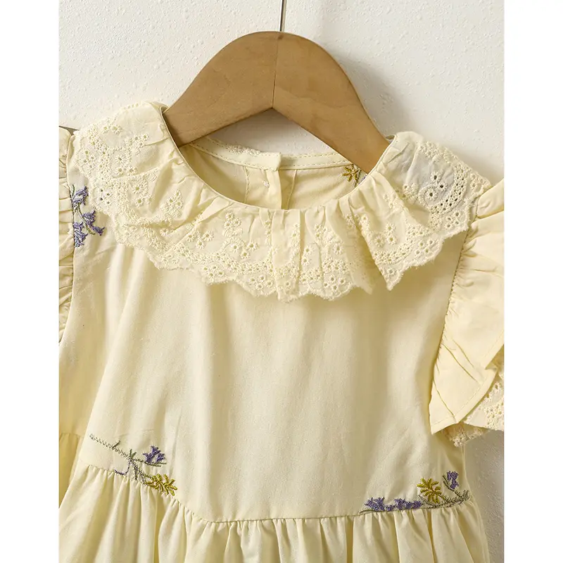 New Kids Dresses Girls Summer Khaki Embroidered Ruffle Edge Dress Sleeveless Lace Round Neck Dress Kids Clothes Princess Dresses