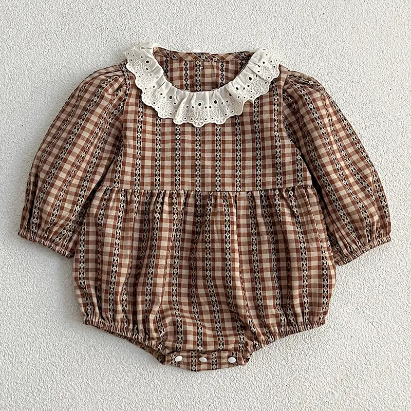 Autumn Newborn Clothes Brown Grid Romper Lace Collar Spring Baby Girl's One Piece Clothes Ribbon Ruffled Collar Climbing Clothes