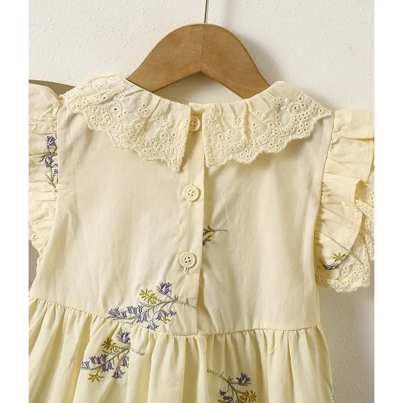 New Kids Dresses Girls Summer Khaki Embroidered Ruffle Edge Dress Sleeveless Lace Round Neck Dress Kids Clothes Princess Dresses