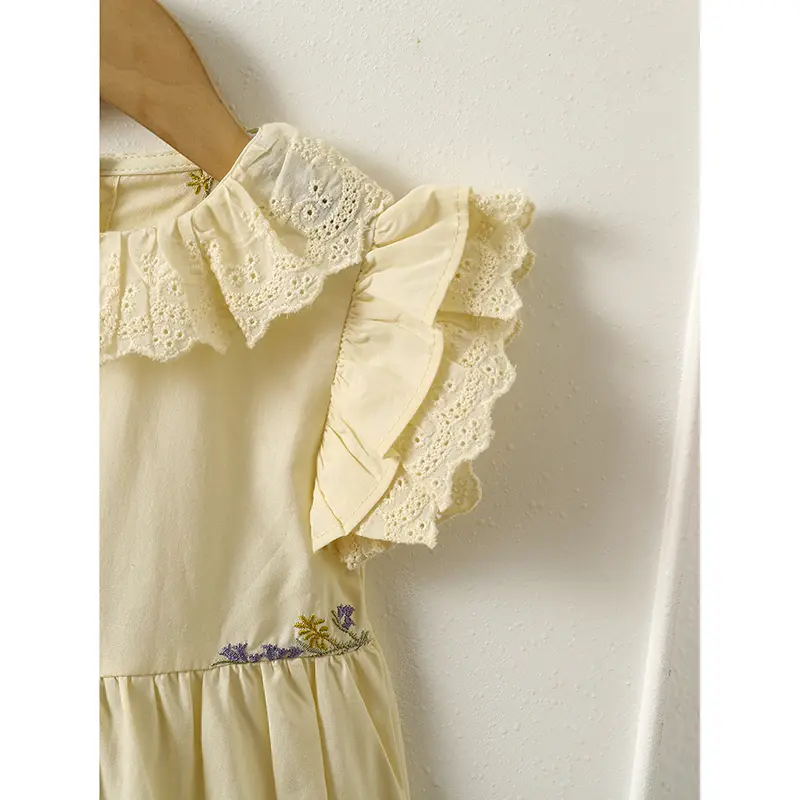 New Kids Dresses Girls Summer Khaki Embroidered Ruffle Edge Dress Sleeveless Lace Round Neck Dress Kids Clothes Princess Dresses